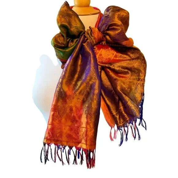 Silk Bright Colorful Jeweltone Brocade Hombre Sari Rectangular Scarf - Picture 6 of 8